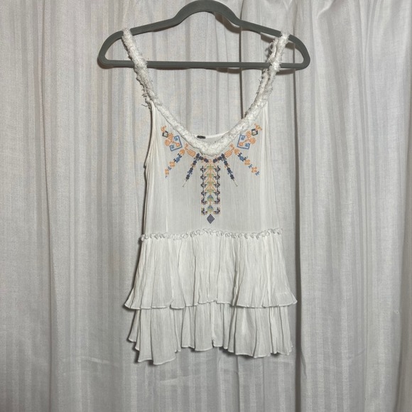 Free People Tops - Free People White Embroidery Tiered Ruffle Boho Tank Top S Free-Spirit Festival